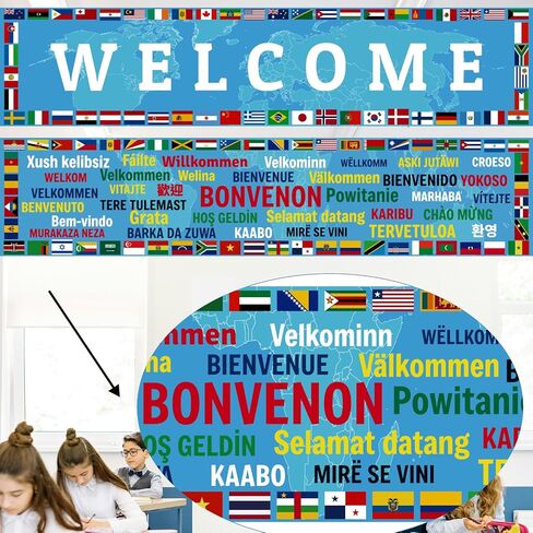 37 Languages International Flag Banner 71 In Enlarged World Flag Banner Welcome Country Flags Banner Backdrop Multicultural Around The World Welcome Sign for Classroom Party Supplies (blue) in Kuwait