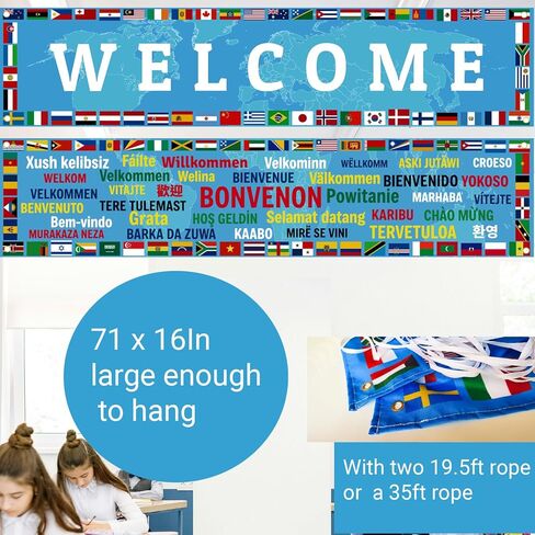 37 Languages International Flag Banner 71 In Enlarged World Flag Banner Welcome Country Flags Banner Backdrop Multicultural Around The World Welcome Sign for Classroom Party Supplies (blue) in Kuwait