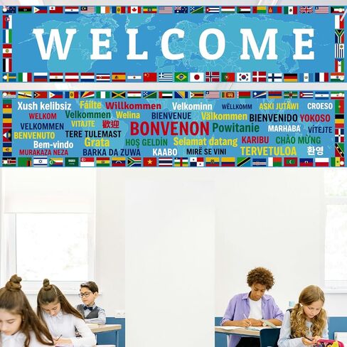 37 Languages International Flag Banner 71 In Enlarged World Flag Banner Welcome Country Flags Banner Backdrop Multicultural Around The World Welcome Sign for Classroom Party Supplies (blue) in Kuwait