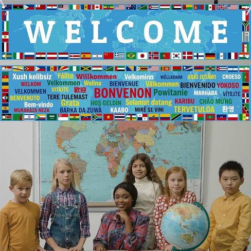 37 Languages International Flag Banner 71 In Enlarged World Flag Banner Welcome Country Flags Banner Backdrop Multicultural Around The World Welcome Sign for Classroom Party Supplies (blue) in Kuwait