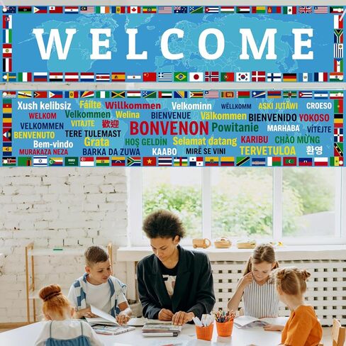 37 Languages International Flag Banner 71 In Enlarged World Flag Banner Welcome Country Flags Banner Backdrop Multicultural Around The World Welcome Sign for Classroom Party Supplies (blue) in Kuwait