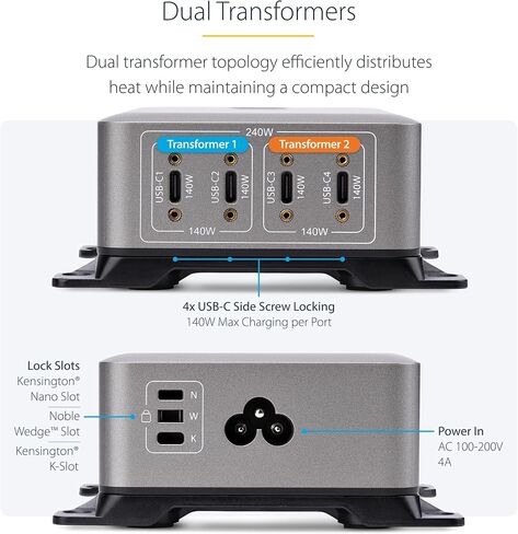 Startech.com 4-port USB-C Charging Station ، 240W GAN Charger Block لـ MacBook Pro/Air ، iPhone 16/15/Pro ، iPad Pro ، Dell XPS ، Pixel والمزيد in Kuwait