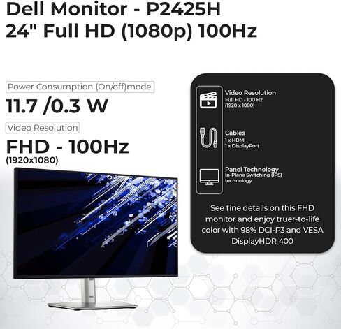 Dell P2425H شاشة مراقبة الكمبيوتر 24 "16: 9 IPS عرض 100 هرتز ث/حامل - 1 سنة ضمان ، كامل HD ، 1920 × 1080 مع سلك الطاقة + كابل Displayport + كابل HDMI + USB 3.0 كبل + قطعة قماش ميكروفيات in Kuwait
