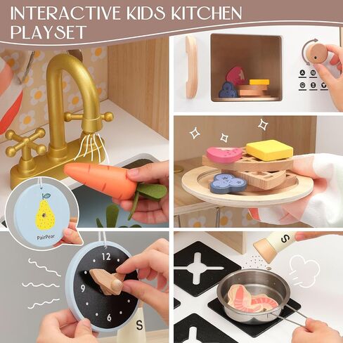 PairPear Play Kitchen for Kids, Wooden Toys Kids Kitchen Playset for Girls and Boys, Mordern Designed Toys Kitchen Gift with Play Food Kitchen Accessoires for 3Y+ in Saudi Arabia