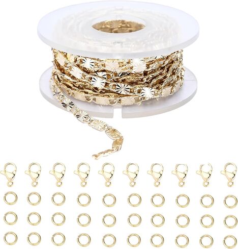 Loprome 16.4 Feet 14K Gold Plated Bead Cable Chains for Jewelry Making, Bulk Link Chains Roll with Lobster Clasps and Jump Rings for Necklace Bracelet Anklet DIY Craft Jewelry Making in Saudi Arabia