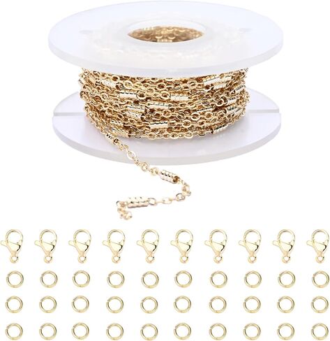 Loprome 16.4 Feet 14K Gold Plated Bead Cable Chains for Jewelry Making, Bulk Link Chains Roll with Lobster Clasps and Jump Rings for Necklace Bracelet Anklet DIY Craft Jewelry Making in Saudi Arabia