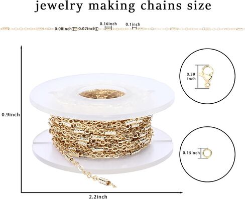 Loprome 16.4 Feet 14K Gold Plated Bead Cable Chains for Jewelry Making, Bulk Link Chains Roll with Lobster Clasps and Jump Rings for Necklace Bracelet Anklet DIY Craft Jewelry Making in Saudi Arabia