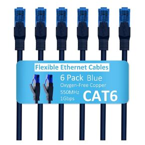 Cat6 Ethernet Cable 1.5 FT (6-Pack), Snagless Cat 6 Patch Cable, Upgraded Flexible PVC Jacket, Multi-Pack, OFC, 1Gbps, Cat6 Internet Network Cables, UTP, PC, Router, Servers, IT Data Center, Blue