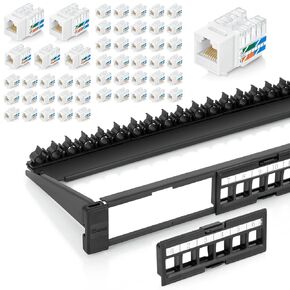 Everest Media Solutions Bundle – 2 Items: 24-Port Keystone Patch Panel + 50 Pack of RJ45 CAT6 Keystone Jacks - White