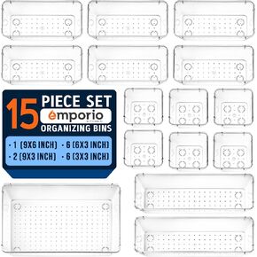 Drawer Organizer Set - Includes 6-piece 9x6" bins, 10-piece 9x3" bins, 18-piece 6x3" Bins, 30-piece 3x3" Bins, Stackable Storage Trays for Makeup, Kitchen, and Office, Pack of 64