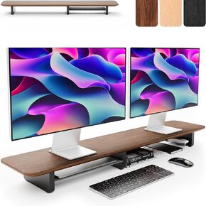 Kivy Dual Monitor Riser مع الرف المعدني المتكامل - الجرف المكتبي الخشبي لأعلى المكتب - Wood Monitor Stand for Desk 2 Switors / TV - مراقبة مزدوجة RISER للمكتب - شاشة الجوز الكبيرة