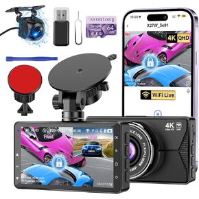 Dash Cam Front and Rear, Dash Cam 4K WiFi/APP Control Dashcam W/ 64GB Card Dash Camera for Cars DVR Car Security Cameras W/Loop Recording G-Sensor Time-Lapse Parking Mode Car Dash Cam USB Powered