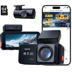 X5 Dash Cam Front and Rear 4K + 2K, 170° + 165° Wide Angle, Free 64GB Card, Night Vision, Built-in Wi-Fi, 24H Parking Mode, 3.39" IPS Touch Screen,Dash Camera for Cars