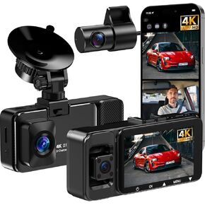 4k 3 Channel Dash Cam Front Inside and Rear, Car Mount Dash Camera with WiFi, 64GB Card, Night Vision, App Control, Loop Recording, G-Sensor, 24h Parking Mode, 3" IPS Screen
