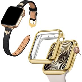 JR.DM Slim Leather-Bands and 40mm Soft Flexible TPU Case Touchable Screen Lightweight Anti-Scratch All-Around Protector Thin Guard Shockproof Cover Shiny Bumper for iWatch, Gold