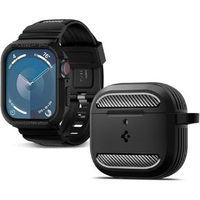 Spigen Rugged Armor Pro Designed for Apple Watch Case with Band 45mm/44mm and AirPods 4 Case Bundle - Black