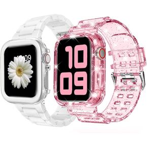 DABAOZA Compatible for Clear Apple Watch Band with Bumper Case 41mm 40mm 38mm, Women Men Glitter Bling TPU Sport Strap for iWatch SE Ultra Series 10 9 8 7 6 5 4 3 2 1