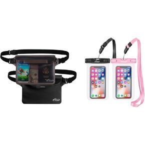 AiRunTech Waterproof Pouch | Way to Keep Your Phone and Valuables Safe and Dry | for Boating Swimming Snorkeling Kayaking Beach Pool (2 Phone Cases(Black + Pink) + 2 Fanny Packs(Black+Gray))