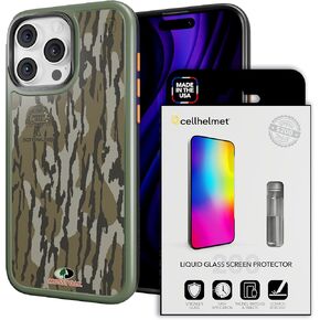 cellhelmet Fortitude MagSafe Compatible Case + Liquid Glass Screen Protector Bundle for Apple iPhone 16 Pro Max - Licensed Mossy Oak Bottomland Camo Cover + $200 Screen Repair Guarantee Liquid