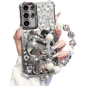 Cute Flower Phone Cases for Samsung s25 Ultra, Rose Flower Pattern Phone case with Pearl Wrist Chain Bracket, Removable Glitter Paper Soft TPU Shockproof Protective Cover s25 Ultra for Women