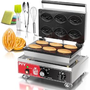 PYY Strange Shape Waffel Maker - Abalone Waffle Iron Machine 6pcs, Electric Stainless Steel Waffel Maker, 1600W 122-572℉ Temp Control | Black Non-stick Coating | Crumb Tray