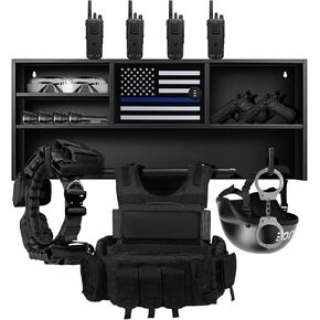 Police Gear Rack, Metal Wall-Mounted Tactical Gear Rack with Password Lock Safe & 2 Decorative Flags, Ideal for Law Enforcement Equipment Storage