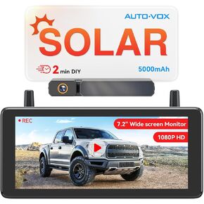 7.2" DVR Portable Solar Wireless Backup Camera:HD 1080P 2 Min Quick Installation Support 2 Split Screen Back up Camera, IP69K Waterproof Reverse Camera for Car, Van, SUV, Truck, Trailer
