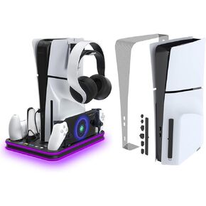 HEATFUN PS5 Slim Accessories Kit - Slim Charging Dock with 4500PRM Turbo Cooling Fan, Dust Proof Kit, Magnetic PS Portal Charger, DualSense Controller & Headphone Holder