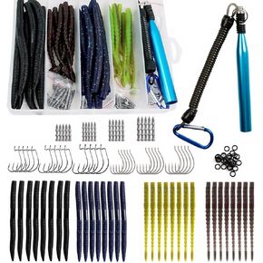 Fishing Neko Rig and Wacky Rigs Kit with 15 Wacky Hooks and 15 Offset Hooks,20 Tungsten Nail Weight,32 Soft Worms,30 Worm O-Rings and Tool,All-in-One Gear for Freshwater Anglers