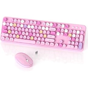 Colorful Wireless Keyboard and Mouse Combo, COVEVA 2.4GHz Wireless Retro Cute Round Keycaps Keyboard, 104 Keys Full-Sized Keyboard Mouse Set with Switch Button for PC Laptop Desktop (Pink Colorful)