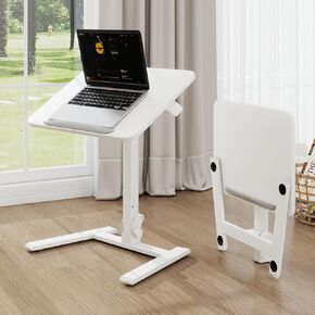 PUNCIA Small Standing Desk with Stoppers 90°Tiltable Mobile Rolling Laptop Table on Wheels Adjustable Height Computer Workstation Portable Stand Up Cart for Home Office Installation-Free（White）
