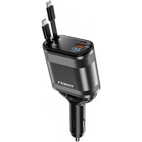 Retractable Car Charger 4 in 1 Fast Charging Adapter 75W - Retractable USB-C/Lightning Organizer with 80cm Cord, Multi-Port Phone Charger Compatible with iPhone/Android/Samsung/Galaxy/Pixel