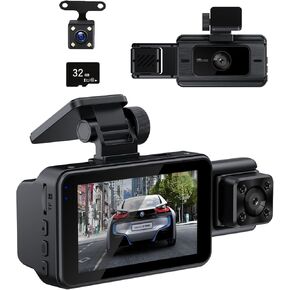 HD Front, Dash Cam Center and Rear Dashboard Camera, HD Three-Camera car Recorder, Support Loop Recording, with G Sensor, Free 32G Memory Card
