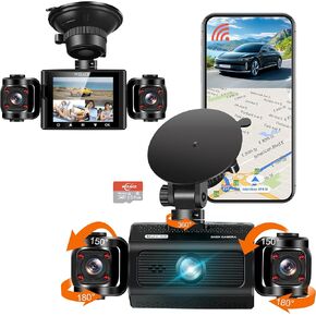 3 Channel Dash Cam WiFi FHD 2K Car Camera with 64GB Card, WIZACE 270° Front Dash Camera Front and Inside Left Right for Cars, Mini Dashcams with Night Vision,Loop Recording,WDR,G-Sensor, APP