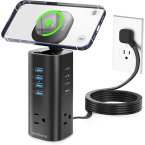 12 in 1 Power Strip Tower with 3AC Outlets & Magnetic Wireless Charger, Flat Plug USB Charging Station, PD 65W USB C Laptop Fast Charger Compatible with MacBook Pro/Air, iPhone 16/15/14, Galaxy etc