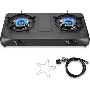 Propane Stove 2 Burner Gas Stove Top, 27200 BTU High-Efficiency LPG Metal Cooktop With Auto Ignition, CSA Regulator and Hose, Perfect for Outdoor Kitchen, Camping, RV & Emergency Cooking