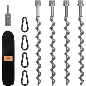 11.5" Ground Anchors Screw-in, 4-Pack Earth Anchors with Carabiners and Power Nut Driver Drill Bit, Heavy Duty Steel Anchors for Camping Tents, Swing Sets, Securing Animals, Sheds and Trampolines