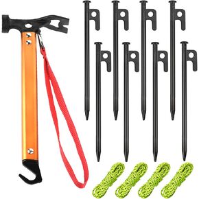 RIY Tent Stakes, 8Pcs Heavy Duty 8 Inch Steel Tent Stakes with 12 Inch Camping Hammer, Hiking Camping Kit Easy to Carry and Use
