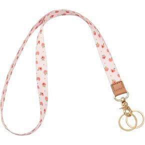Badge Lanyards Neck Strap Leather with Dual Keyrings Metal Hook for ID Badges Keys, Long Cute Lanyard Keychain for Women Men Girls Boy, Red Strawberry