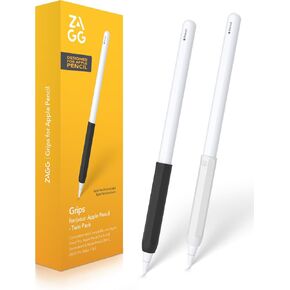 ZAGG 2-Pack Silicone Grips for Apple Pencil (1st Gen, 2nd Gen, USB-C) & ZAGG Pro Stylus(2 & 1) – Ergonomic Comfort, Anti-Roll, Round with three flat surfaces Design for Writing & Drawing, Black, White in Kuwait