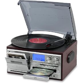LoopTone Vinyl Record Player 10 in 1 3 Speed Bluetooth Vintage Turntable CD Cassette Player AM/FM Radio USB Recorder Aux-in RCA Line-Out (Red-Silver)