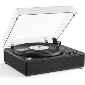 Vintage Record Player with Built-in Speakers, Wireless Bluetooth Input/Output Turntable 3 Speed Retro Vinyl LP Player with Full-Size Platter, Auto-Stop, RCA/AUX/Headphone Out, Black