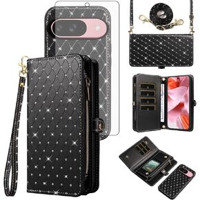 Asuwish Phone Case for Google Pixel 9/9 Pro 5G Zipper Wallet Detachable Cell Cover with Tempered Glass Screen Protector Crossbody Strap Glitter Flip Card Holder Slot Pixel9 9Pro Nine Women Girls Black