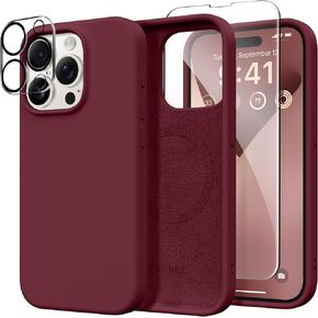 GONEZ Magnetic for iPhone 15 Pro Case, Compatible with MagSafe, [Screen Protector + Camera Lens Protector], Silicone Shockproof Anti-Scratch Protective Phone Case 6.1 inch, Chalk Pink