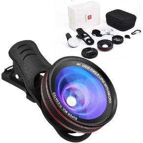 4K HD 0.45X Wide Angle Lens + 15X Macro Lens for iPhone Samsung - with Mini Selfie Ring Light, Quick Clip, Release Strap, Cleaning Cloth & Travel Case - Universal Phone Camera Lens Kit for Photography
