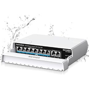 Outdoor Waterproof 8-Port PoE Switch with 8 Port PoE+@120W + Gigabit Uplink Port, 10 Port IEEE802.3af/at Power Over Ethernet Switch Unmanaged with VLAN and 250m Extender Function, Plug & Play