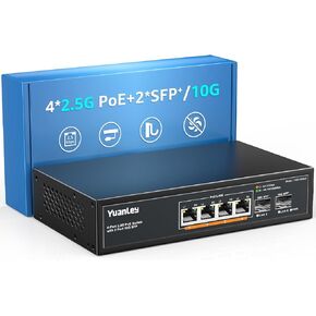 YuanLey 6 Port 2.5G PoE Switch Unmanaged, 4 x 2.5G Base-T PoE Ports, 2 x 10G SFP, IEEE802.3af/at, 78W, Compatible with 100/1000/2500Mbps, Metal Fanless, Desktop/Wall Mount 2.5Gbe Network Switch