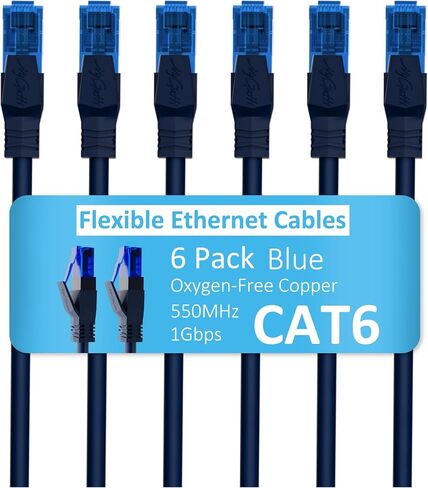 CAT6 Ethernet Cable 1.5 FT (6 pack) ، snagless cat 6 patch cable ، stacks pvc المرونة المرنة ، متعددة الحزم ، OFC ، 1 جيجابت في الثانية ، كابلات شبكة الإنترنت CAT6 ، UTP ، الكمبيوتر ، جهاز التوجيه ، الخوادم ، مركز بيانات تكنولوجيا المعلومات ، الأزرق in Kuwait