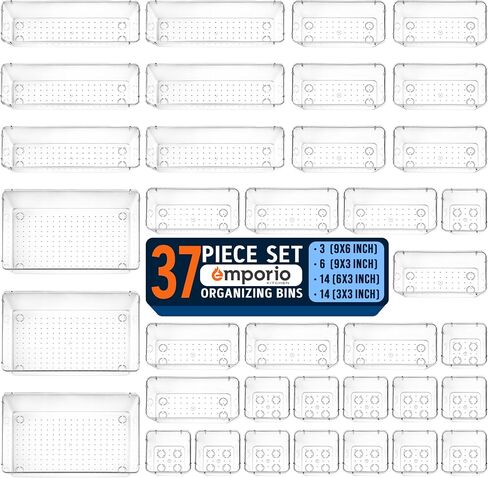 Drawer Organizer Set - Includes 6-piece 9x6" bins, 10-piece 9x3" bins, 18-piece 6x3" Bins, 30-piece 3x3" Bins, Stackable Storage Trays for Makeup, Kitchen, and Office, Pack of 64 in Saudi Arabia