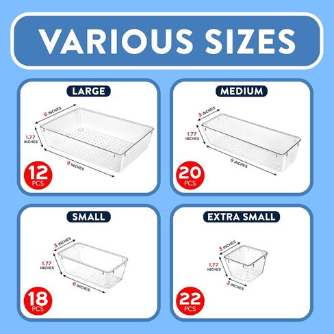 Drawer Organizer Set - Includes 6-piece 9x6" bins, 10-piece 9x3" bins, 18-piece 6x3" Bins, 30-piece 3x3" Bins, Stackable Storage Trays for Makeup, Kitchen, and Office, Pack of 64 in Saudi Arabia